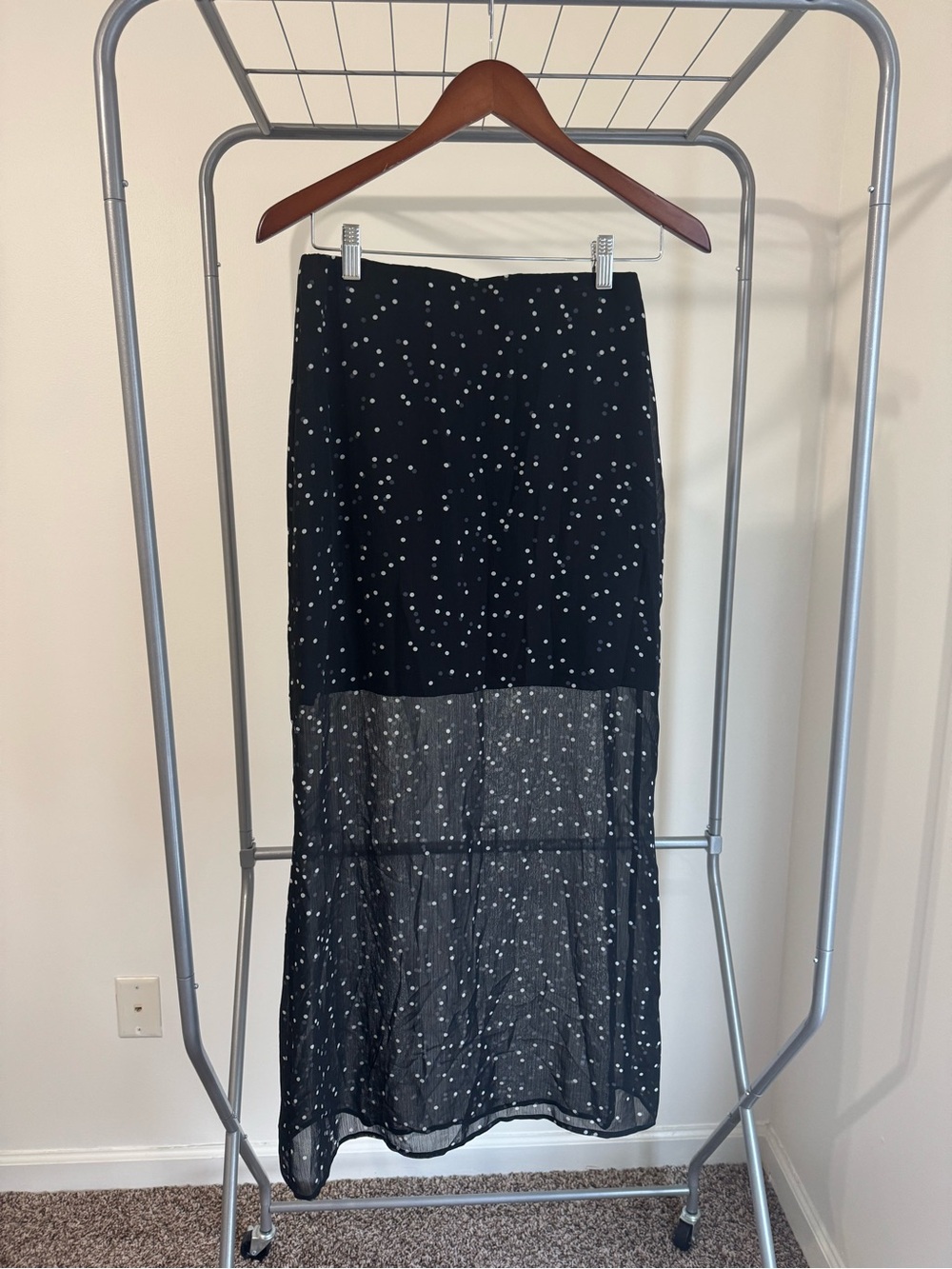 SAGE The Label NWT Black Polka Dot Sheer Hem Midi Skirt Size Small